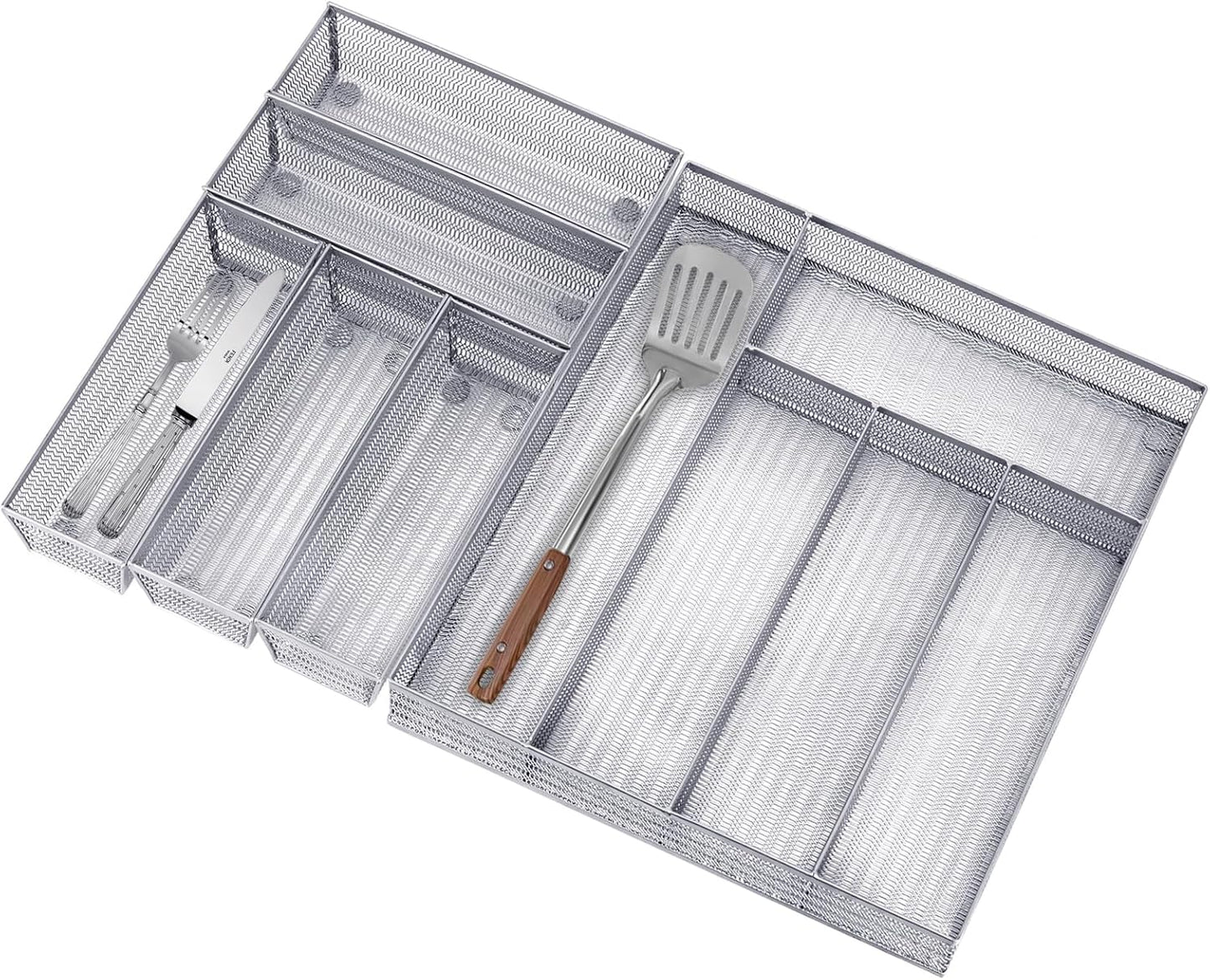 Neudeco Silverware Organizer,Mesh Drawer Organizer for Kitchen，Metal Utensil Organizer for Flatware, Knives, Spoons,Cosmetic (Silver 9 * 3 * 2 inch Pack6)