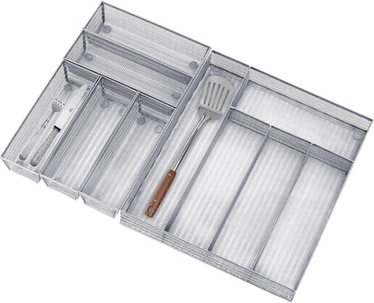 Neudeco Silverware Organizer,Mesh Drawer Organizer for Kitchen，Metal Utensil Organizer for Flatware, Knives, Spoons,Cosmetic (Silver 9 * 3 * 2 inch Pack6)