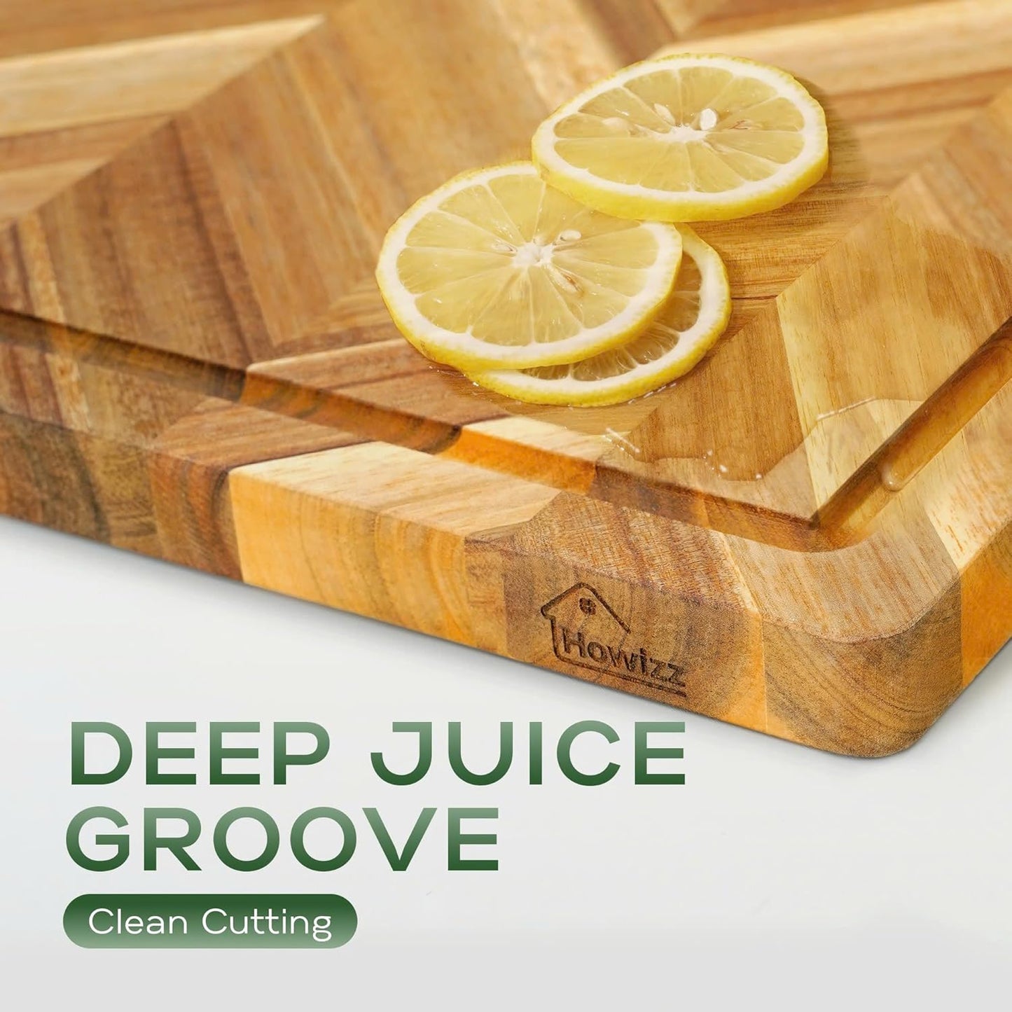 Howizz Acacia Wood Large Cutting Board, Thick End Grain Solid Wood Butcher Block For Kitchen, Non Toxic Pre-Oiled Carving Tray w/Juice Grooves and Easy Grip Handle, 20"x15"x1" (Gift-Ready Box)