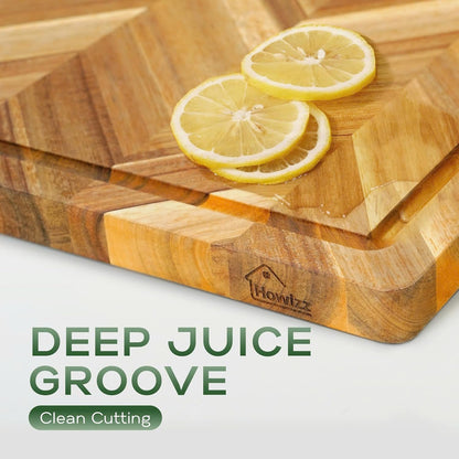 Howizz Acacia Wood Large Cutting Board, Thick End Grain Solid Wood Butcher Block For Kitchen, Non Toxic Pre-Oiled Carving Tray w/Juice Grooves and Easy Grip Handle, 20"x15"x1" (Gift-Ready Box)