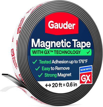 GAUDER Magnetic Tape Strong Self-Adhesive - Cut-to-Length Magnet Strip with High Magnetic Force - Heavy-Duty Adhesive Magnet Tape (10 ft x 0.6 in)