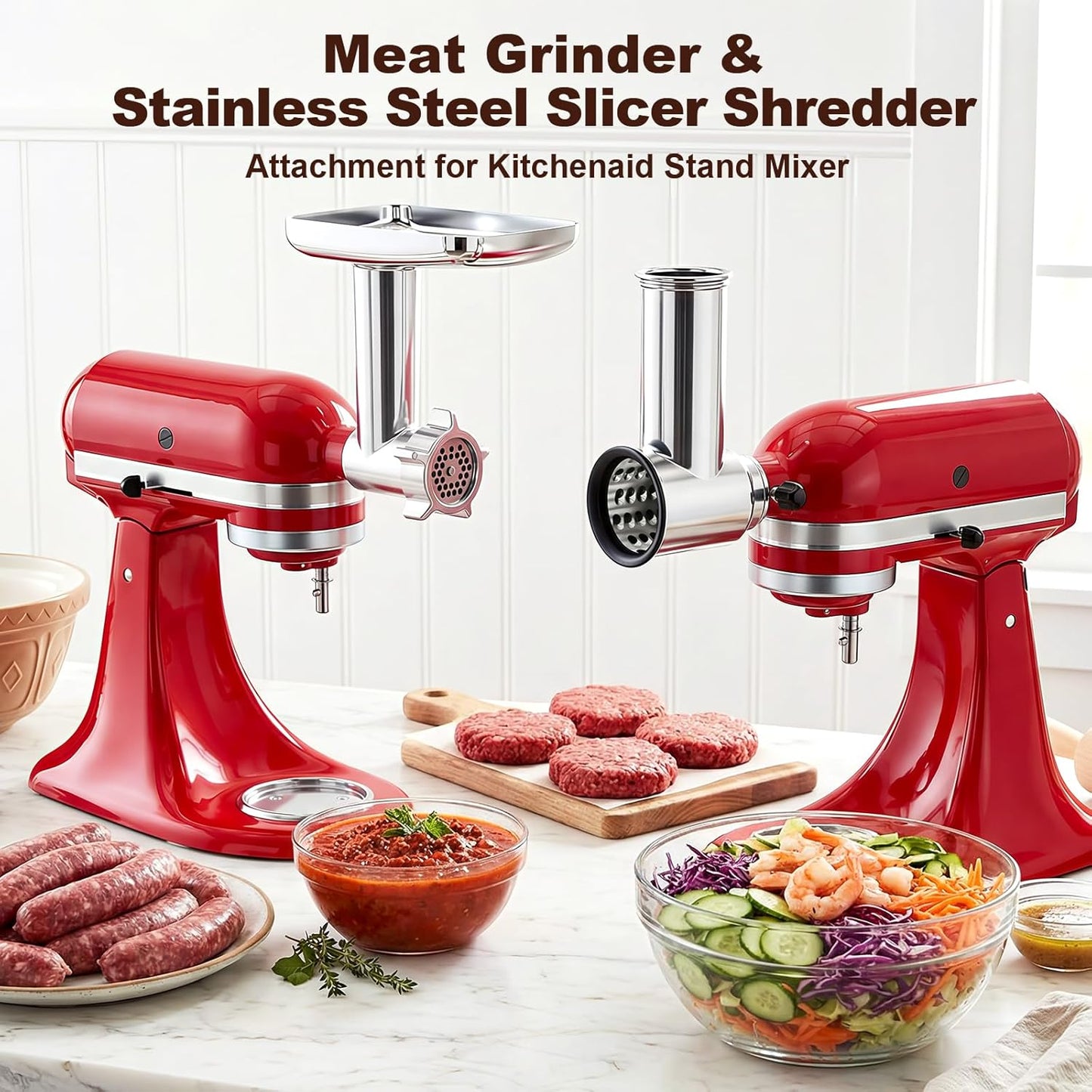 Meat Grinder & Stainless Steel Cheese Grater Attachment for KitchenAid Stand Mixer - 2 Pcs Kitchen Aid Accessories and Attachments Including Slicer Shredder and Food Grinder Attachment