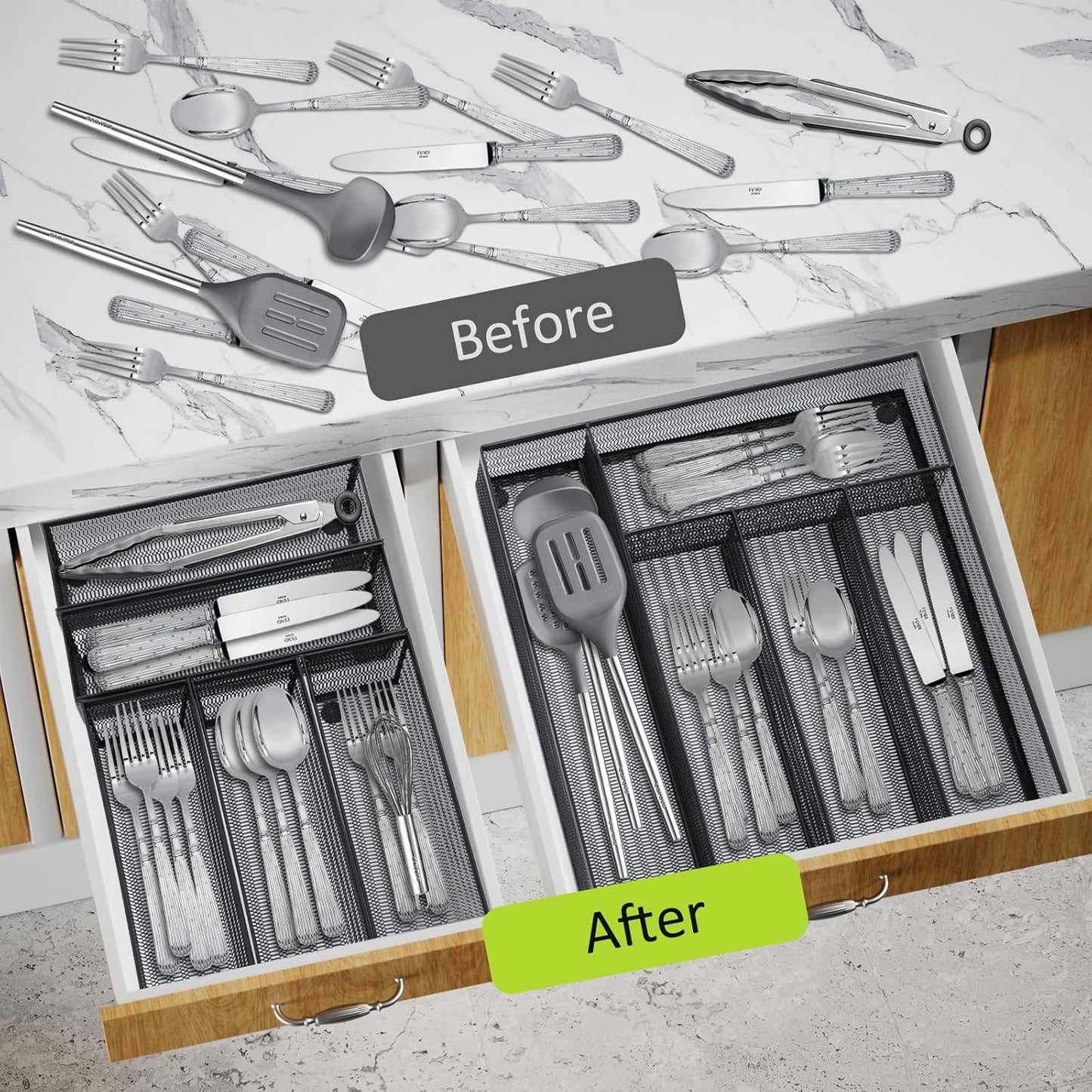 Neudeco Silverware Organizer,Mesh Drawer Organizer for Kitchen，Metal Utensil Organizer for Flatware, Knives, Spoons,Cosmetic (Silver 9 * 3 * 2 inch Pack6)