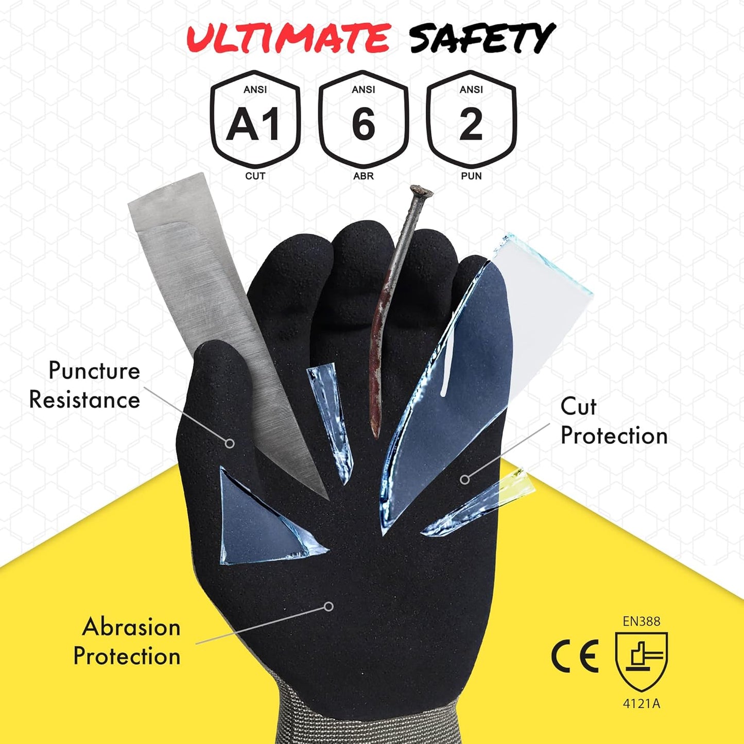 Quest Protective Apparel Cut Resistant Work Gloves (ANSI A1) – Lightweight Graphene Gloves for Gardening, DIY, Mechanical & General Handling – Breathable Grip Gloves for Men & Women – Large, Pack of 3