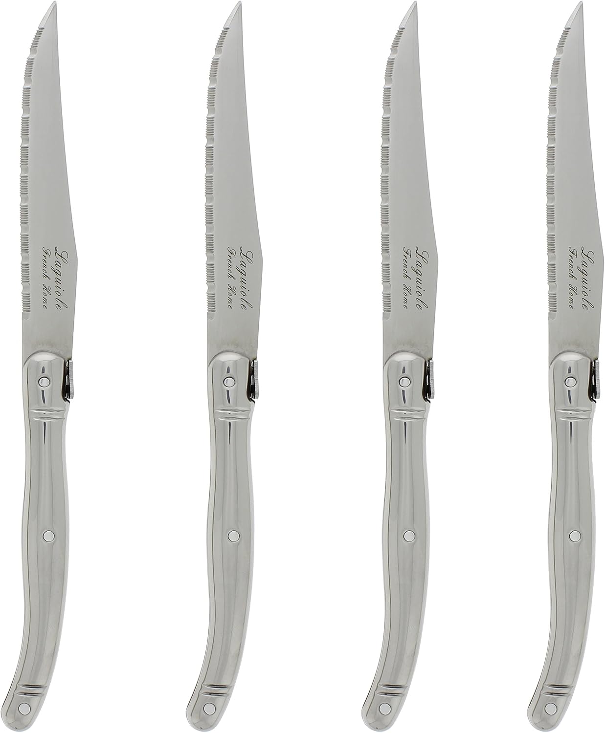 French Home Laguiole 4-Piece Steak Knife Set – Sophisticated Stainless Steel Dinner Knives with Navy Blue Handles & Iconic Bee Emblem – Serrated Knives for Smooth Cutting (9.25")