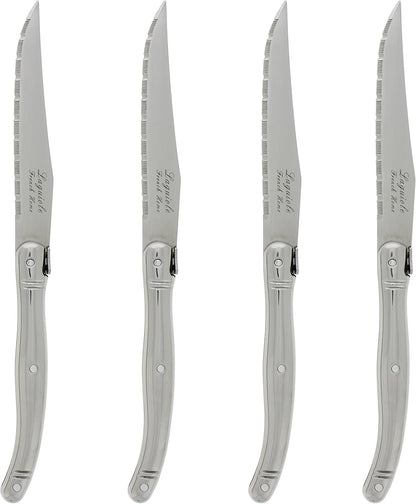 French Home Laguiole 4-Piece Steak Knife Set – Sophisticated Stainless Steel Dinner Knives with Navy Blue Handles & Iconic Bee Emblem – Serrated Knives for Smooth Cutting (9.25")