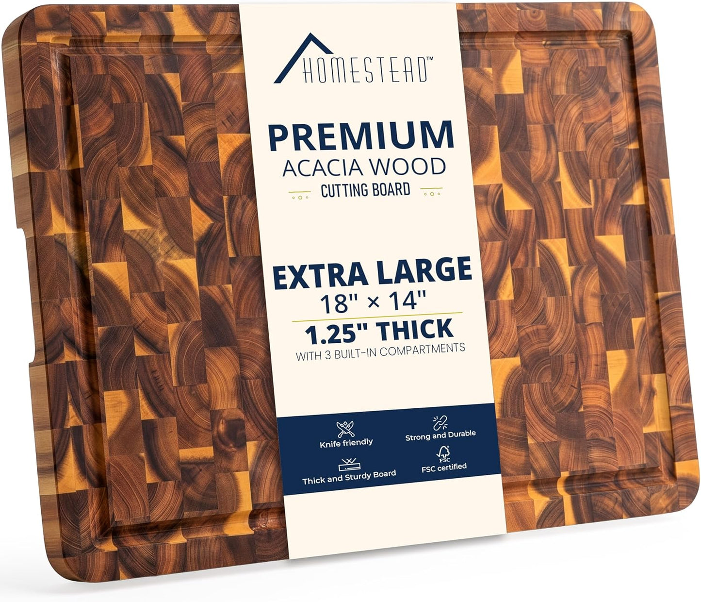 HOMESTEAD End Grain Acacia Wood Cutting Board for Kitchen 23x18x1.5 in, Large Butcher Block Chopping Board for Meat Vegetables with Juice Groove, Handles and Knife-Friendly Surface