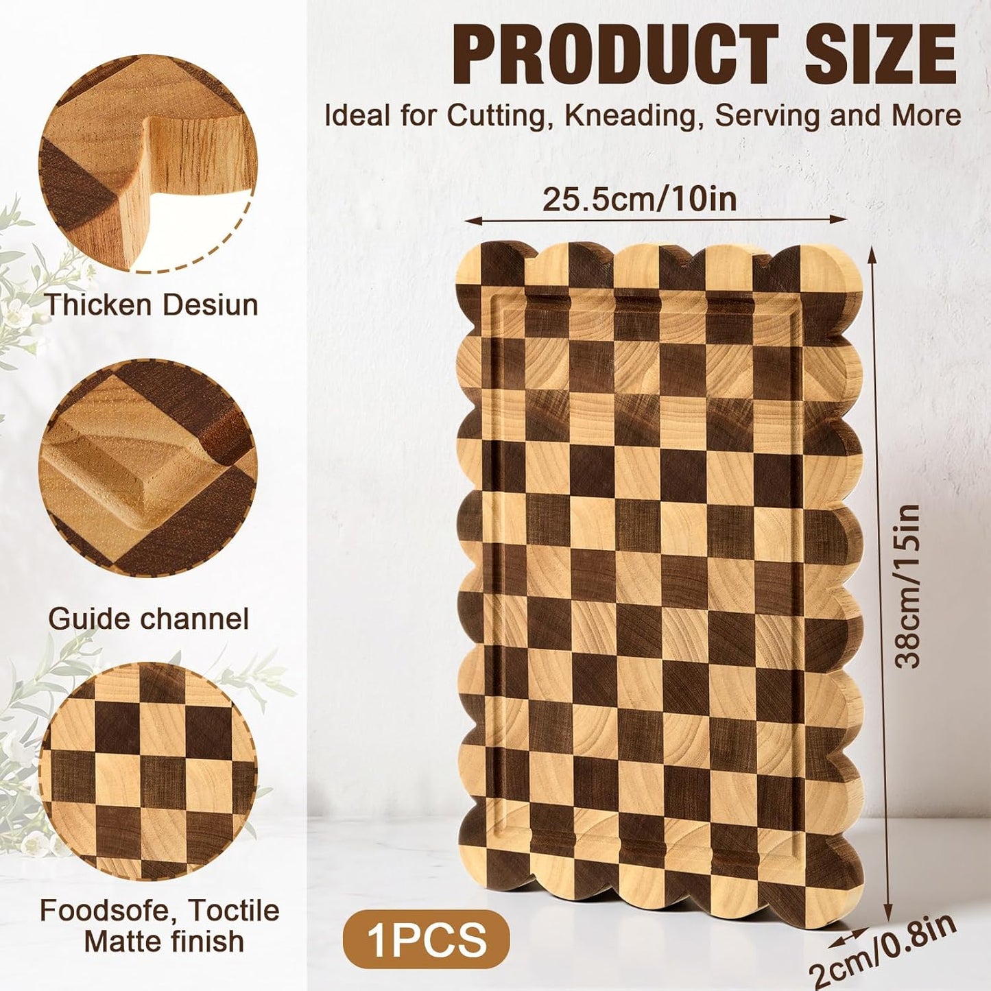 Nuanchu 3 Pcs Checkered Scalloped Cutting Board for Kitchen, Wood Chopping Board with Juice Grooves, Decorative Cutting Boards for Serving, Butcher Block for Meat and Bread (9x5.9,12x7.9,15x10 Inch)