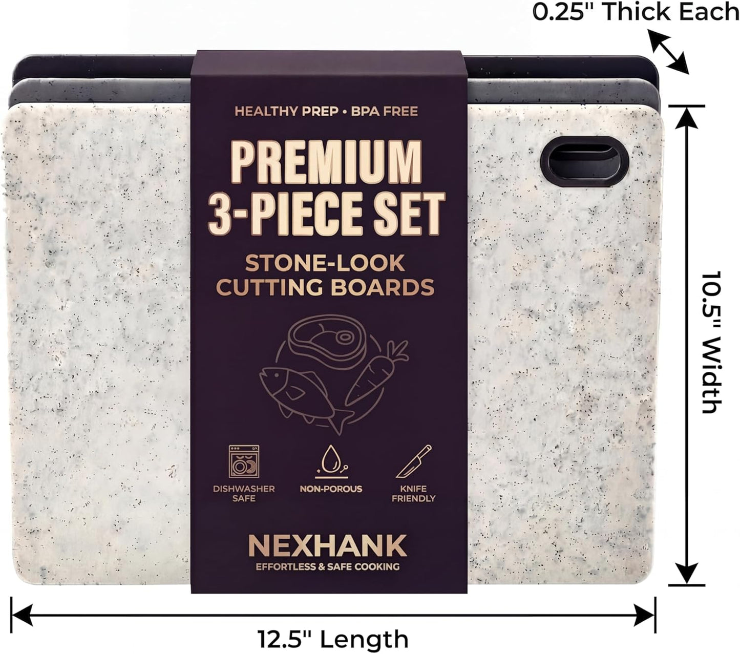 Cutting Boards for Kitchen, BPA-Free Plastic Cutting Boards Set of 3, Reversible, Non-Slip, Dishwasher Safe, Color-Coded for Meat, Vegetables & Fruit, Stone White, Grey & Dark Grey