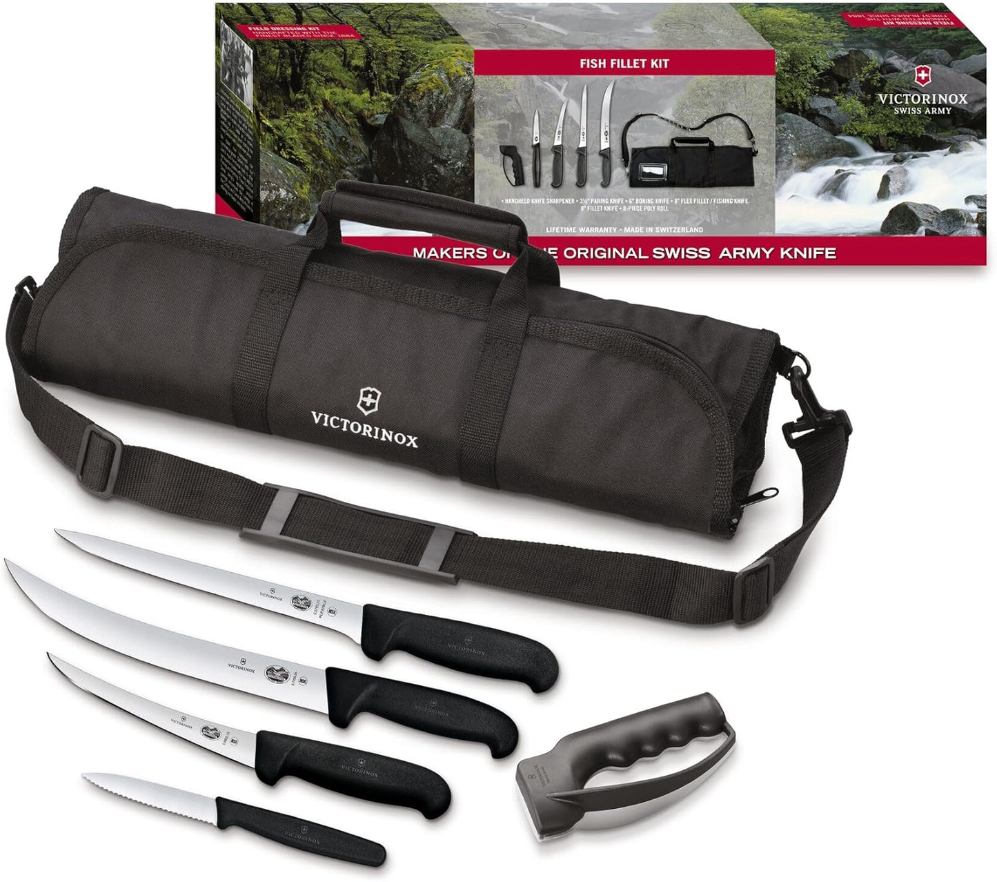 Victorinox Fibrox Fish Fillet 6 Piece Kit Includes Sharpener and Cutlery Roll, Black