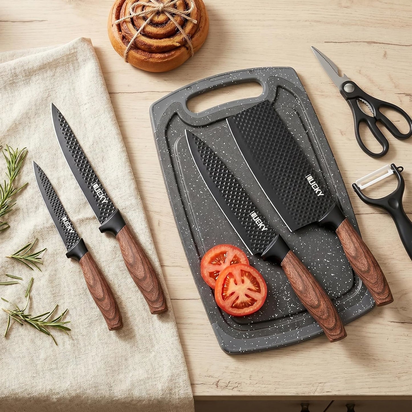 Knife Set, 6 Pieces Kitchen knife Set with Healthy Anti-Rust Coating, Stainless Steel Professional Chef Knife Sets with Elegant Box, Kitchen Knives with Scissors & Peeler for Cooking, Dishwasher Safe
