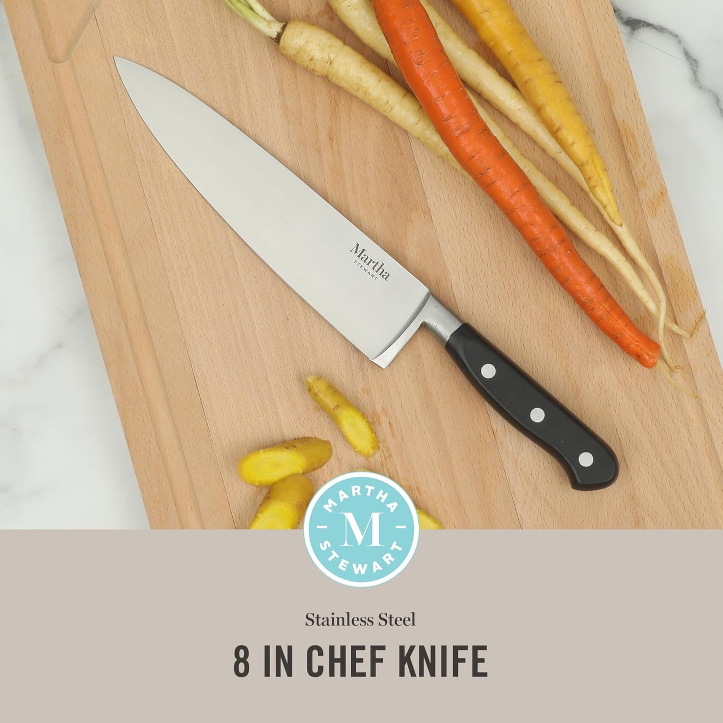 Martha Stewart Carverton 10" Hollow Edge Slicer Knife, High Carbon Stainless Steel Kitchen Knives w/Black Triple Riveted Handle