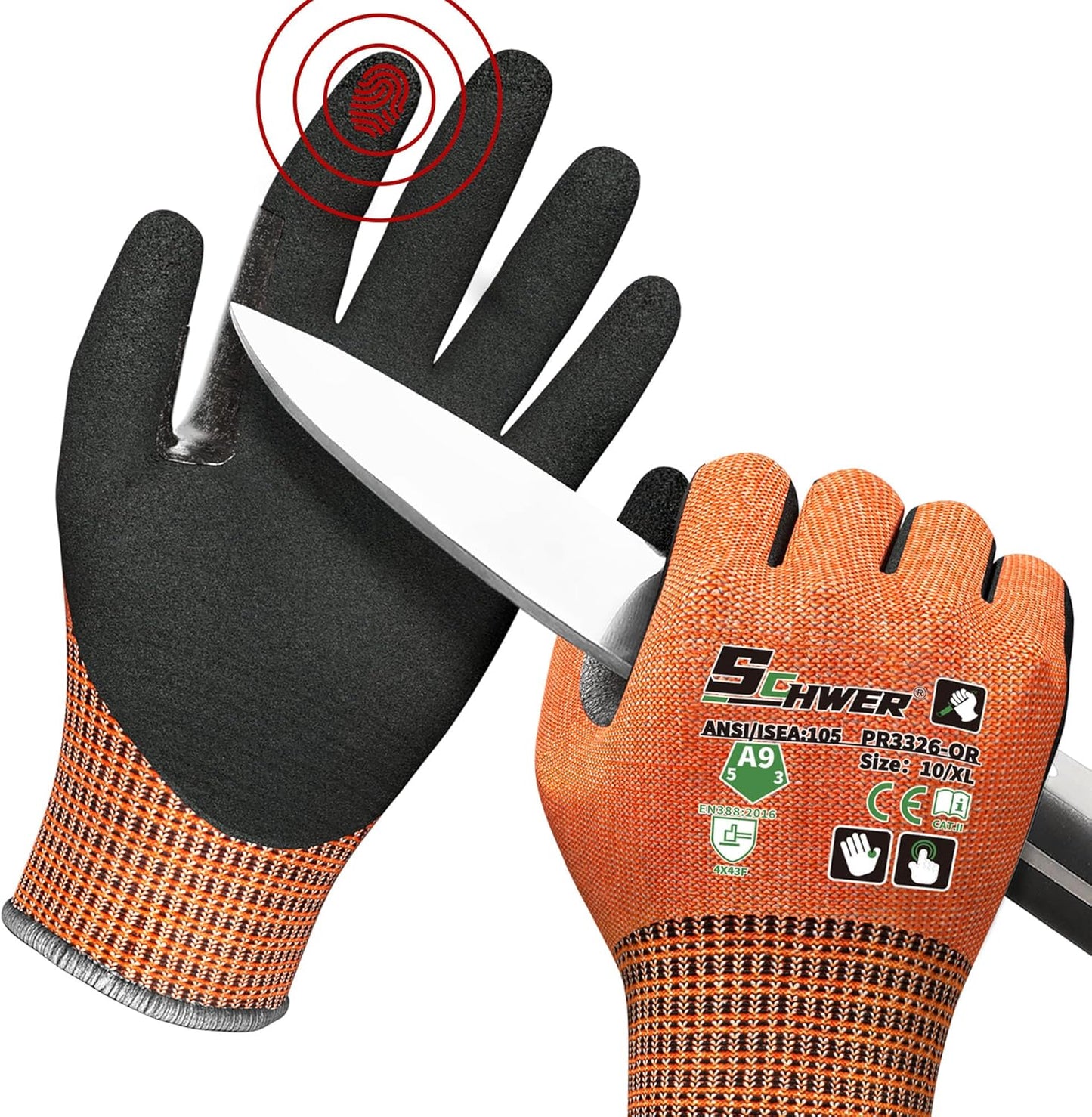 Schwer ProGuard High Level Cut Resistant Work Gloves PR3326 for Extreme Protection，ANSI A9 Cut Gloves with Reinforced Thumb, Non Slip, Breathable, Durable, Touch-screen, Black 1 Pair（XL）