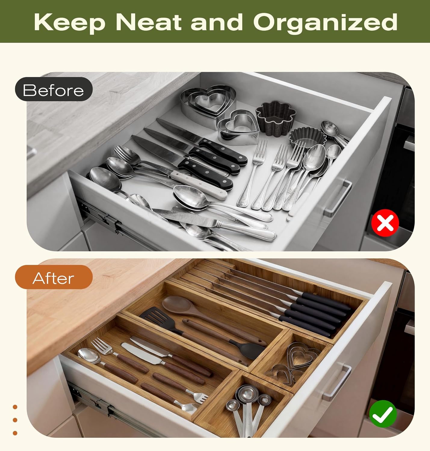 KOCWELL Bamboo Silverware Drawer Organizer with Knife Block, 3 Removable Drawer Organizer Bins - Multi-Use for Kitchen Utensils, Office, Makeup, Tools Storage