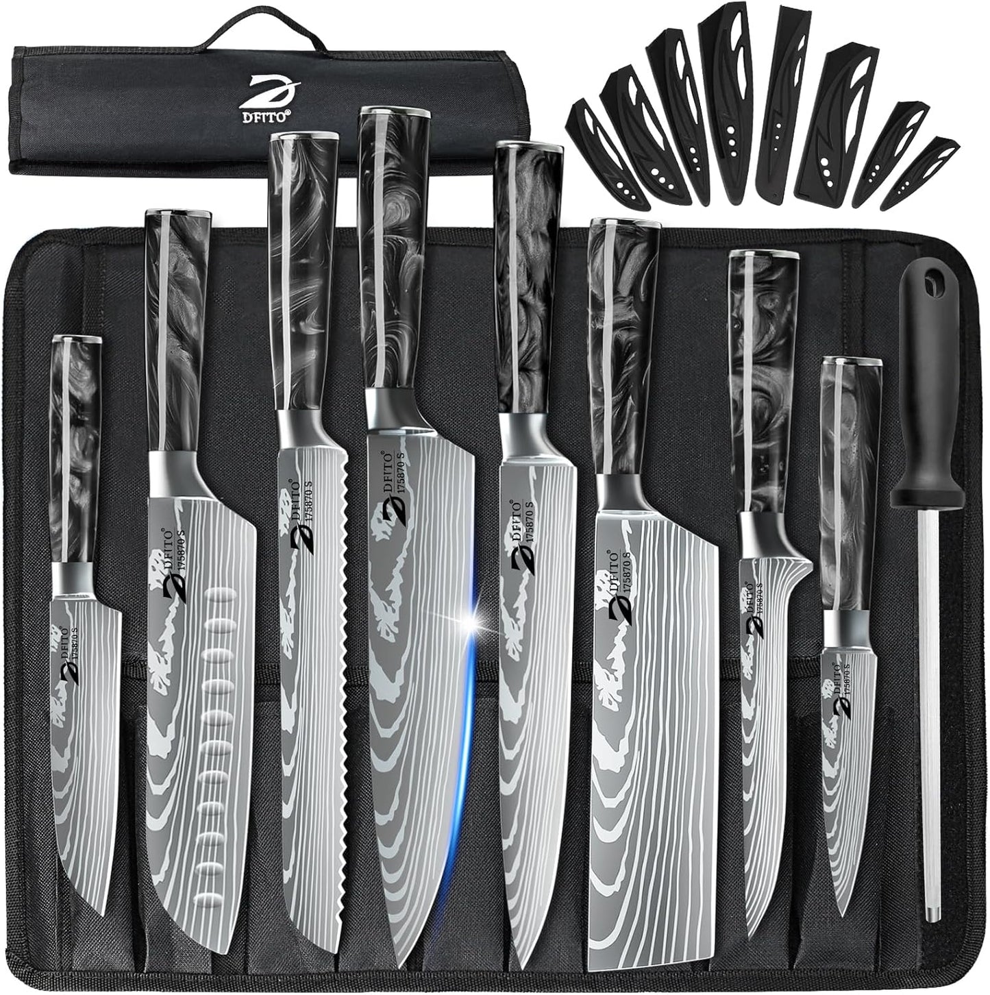 Dfito Chef Knife Sets with Roll Bag, 9 Pieces Professional Knife Set, High Carbon Stainless Steel Kitchen Chef Knife Set, Blue Resin Handle, Dishwasher Safe
