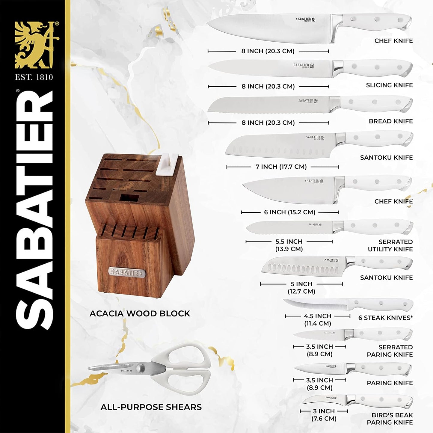 Sabatier 15-Piece Forged Triple Rivet Knife Block Set, High-Carbon Stainless Steel Kitchen Knives, Razor-Sharp Knife set with Acacia Wood Block, White Handles
