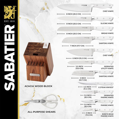 Sabatier 15-Piece Forged Triple Rivet Knife Block Set, High-Carbon Stainless Steel Kitchen Knives, Razor-Sharp Knife set with Acacia Wood Block, White Handles