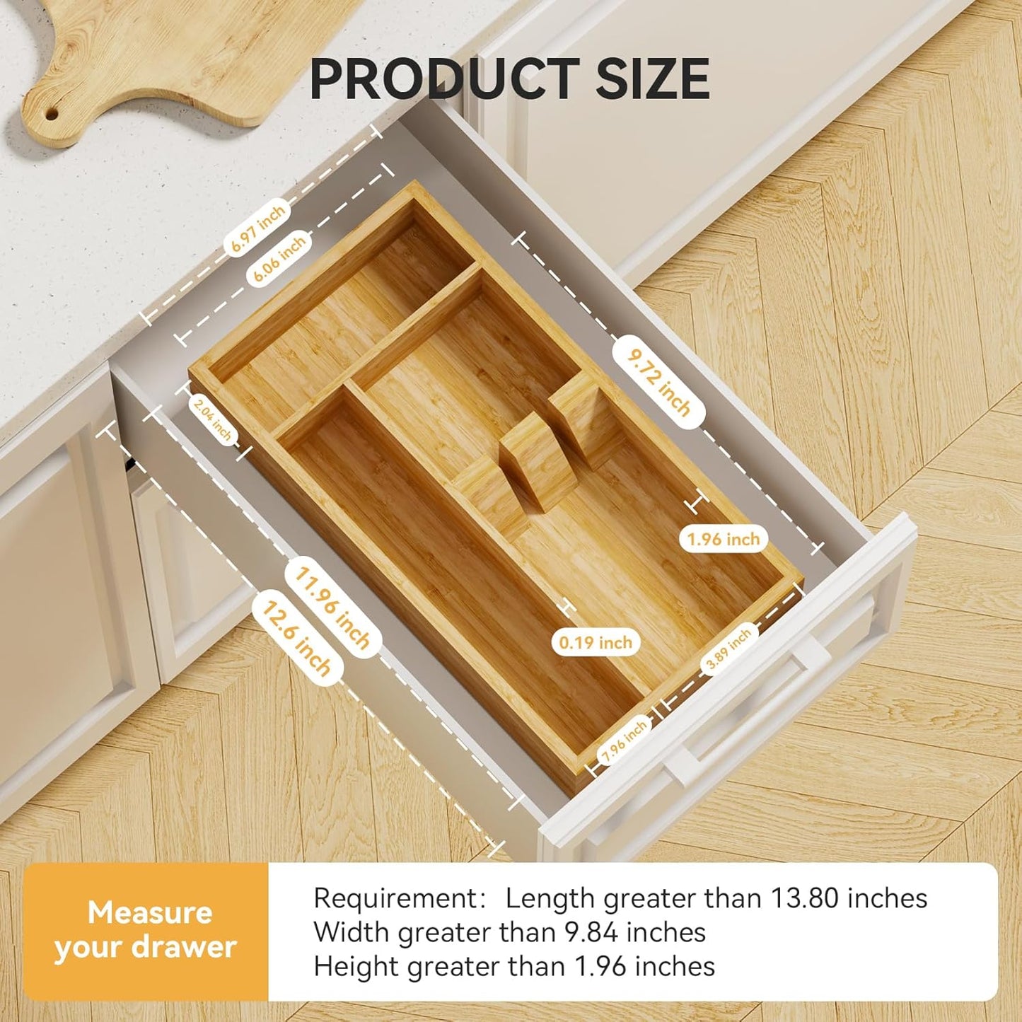 Yofidra Bamboo Silverware Organizer, 12.6 x 6.97 x 1.96 Inches Kitchen Utensil Drawer Organizer, Silverware Tray for Drawer with Fixed Slots for Spoons, Forks & Knives, Natural