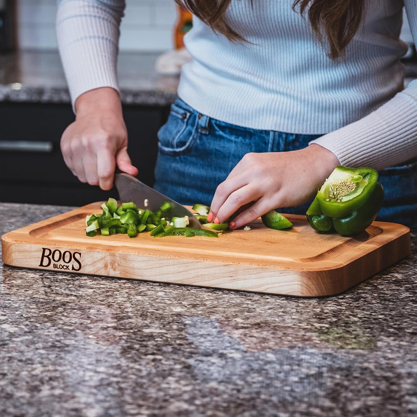 John Boos Prestige Series Rectangular Wooden Maple Cutting Board 18”x12” – 1.25” Thick, 8-lb Reversible Butcher Block with Juice Groove, Edge-Grain & Finger Grip Hole – Made in the USA
