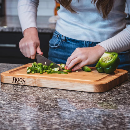 John Boos Prestige Series Rectangular Wooden Maple Cutting Board 18”x12” – 1.25” Thick, 8-lb Reversible Butcher Block with Juice Groove, Edge-Grain & Finger Grip Hole – Made in the USA