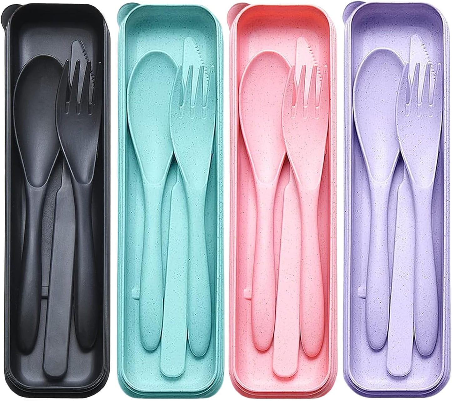 Reusable Travel Utensils Set with Case, 5 Sets Portable Wheat Straw Cutlery Including Knife Fork Spoons, Eco-Friendly BPA Free Tableware for Camping Picnic Lunch and Daily Use (Black)