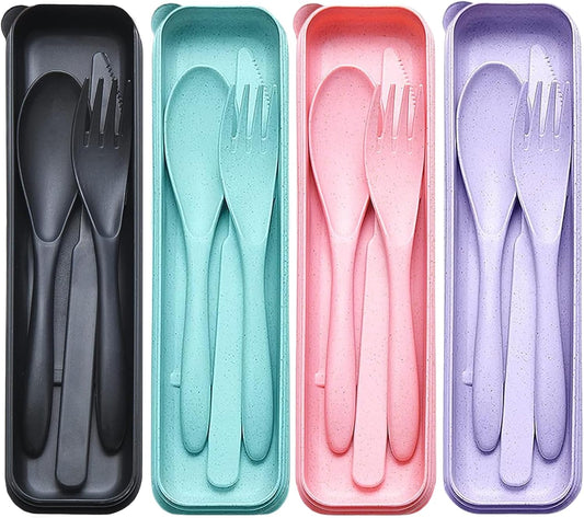 Reusable Travel Utensils Set with Case, 5 Sets Portable Wheat Straw Cutlery Including Knife Fork Spoons, Eco-Friendly BPA Free Tableware for Camping Picnic Lunch and Daily Use (Black)