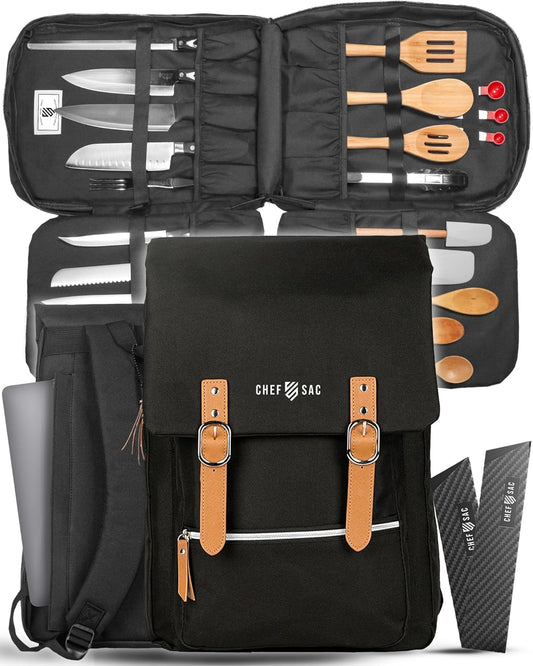 Chef Knife Bag Vintage Backpack VINTAGE, Professional Knife Carrying Case for Chefs & Culinary Students, 30+ Pockets, Holds 10" Knives, Water-Resistant 600D Material (Heather Blue)