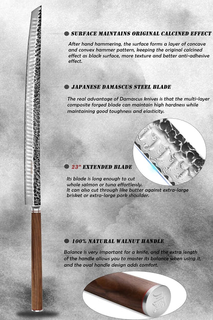 YOUSUNLONG Sakimaru Knife Ultimate Slice Carving Knife 15 inch(380mm) Japanese Damascus Steel Suitable for cutting tuna and salmon - Natural Walnut Handle With Leather Sheath and Gift box
