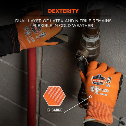 Ergodyne ProFlex 7551 Waterproof Winter Work Gloves, Cut Resistant ANSI A5, Sandy Nitrile Coated Palms, Thermal Fleece Lining Orange
