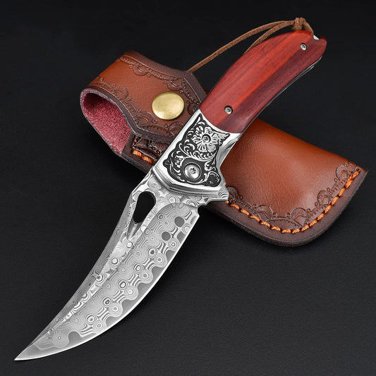 KOMWERO Damascus Pocket Knife for Men, VG10 Core Damascus Steel Folding Knife with Wood Handle, Ball Bearing, Thumb Hole, Liner Lock, Sheath for EDC Outdoor Survival Hunting