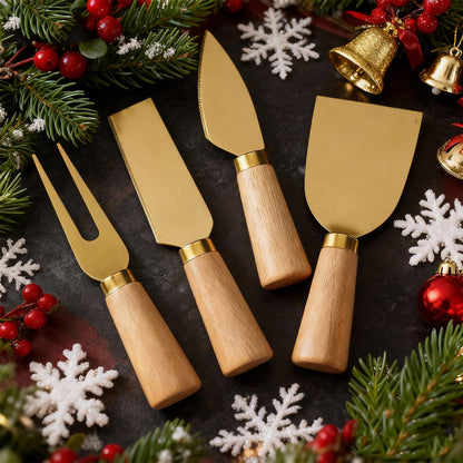 Stainless Steel Cheese Knife Set with wood Handle,Professional Cheese Slicer, Spreader & Fork for Charcuterie Boards, Cheese Platters, Kitchen & Entertaining, Christmas Gift for Women & Men (4)