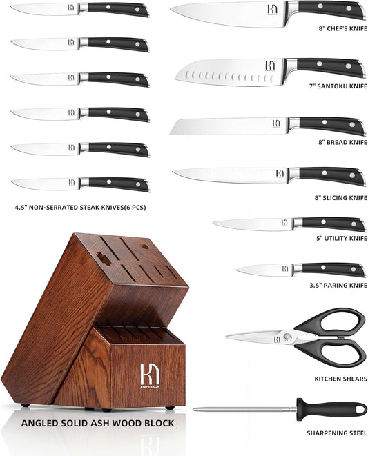 KnifeSaga Knife Set 15 Pcs High Carbon Stainless Steel Kitchen Knife Sets with Block & Sharpener, Premium Razor-Sharp Black Knives Block Set for Kitchen, Ergonomic Full-Tang Handle