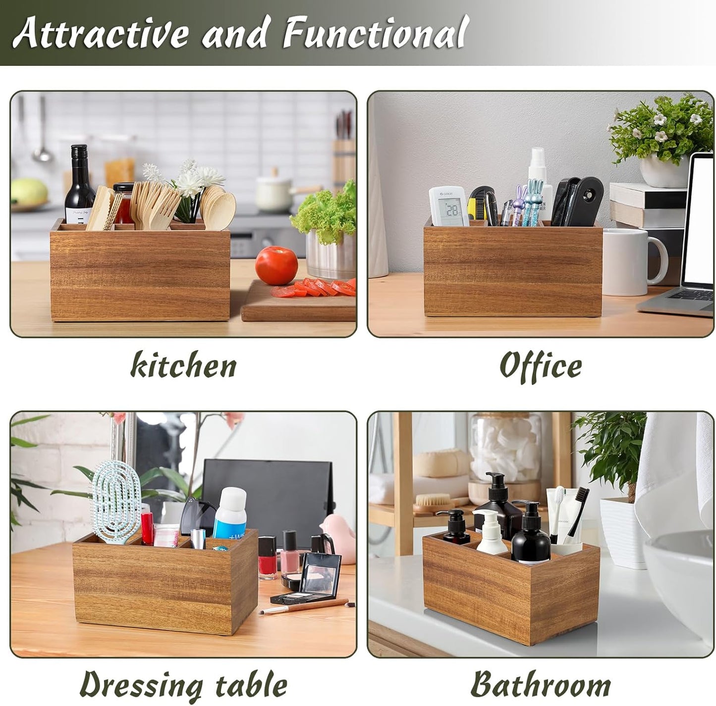 DRASTAR Utensil Holder, Wooden Silverware Caddy, Picnic Cutlery Organizer, Countertop Silverware Holder for Party, Pink