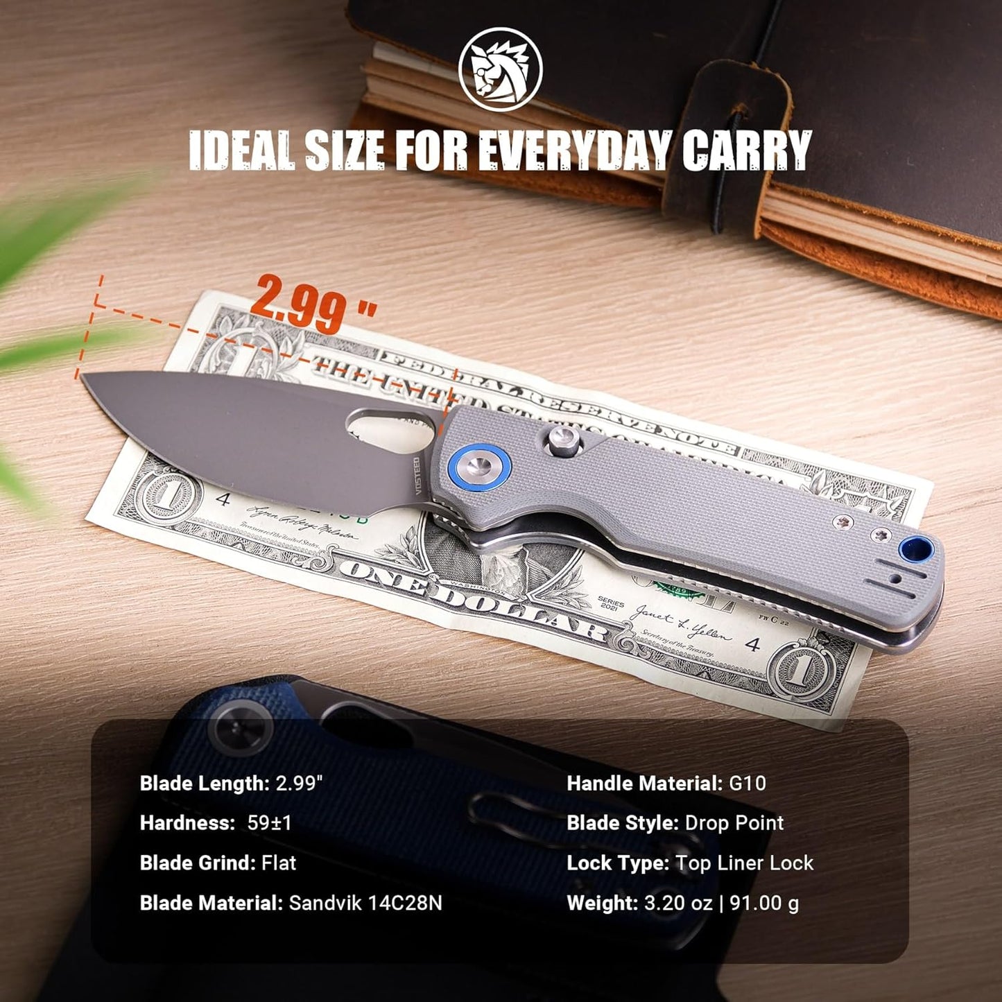 Vosteed EDC Knife, 2.99" 14C28N Steel Wider Blade, Green Micarta Handle Top Liner Lock, Folding Pocket Knives with Clip for Men & Women, Survival Camping - Porcupine A2603