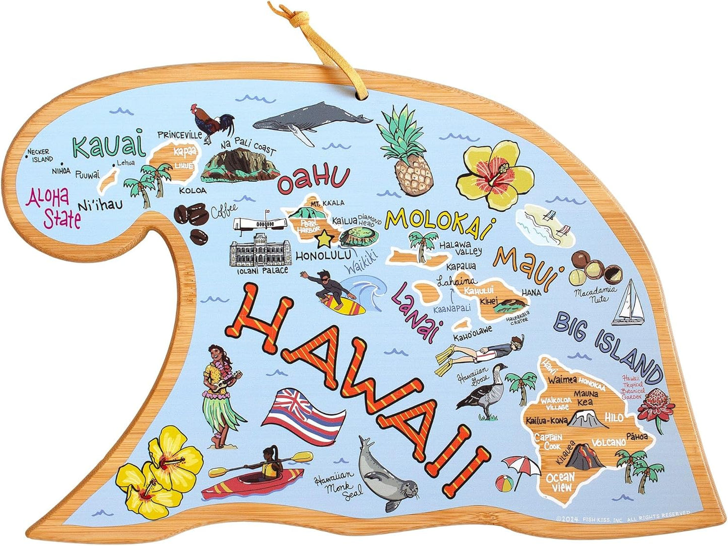 Totally Bamboo Tennessee State Shaped Cutting Board and Charcuterie Serving Platter with Artwork by Fish Kiss, Includes Hang Tie for Wall Display - Colors A