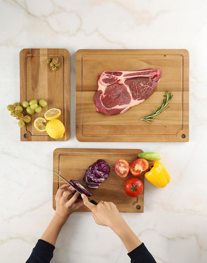 Sango Acacia Cutting Board Set with Juice Grooves and Partitions for Serving, 3-Piece- Wood Chopping Boards, Stackable & Reversible for Kitchen, Non-Toxic, Perfect as Butcher Block Countertop, Atelier