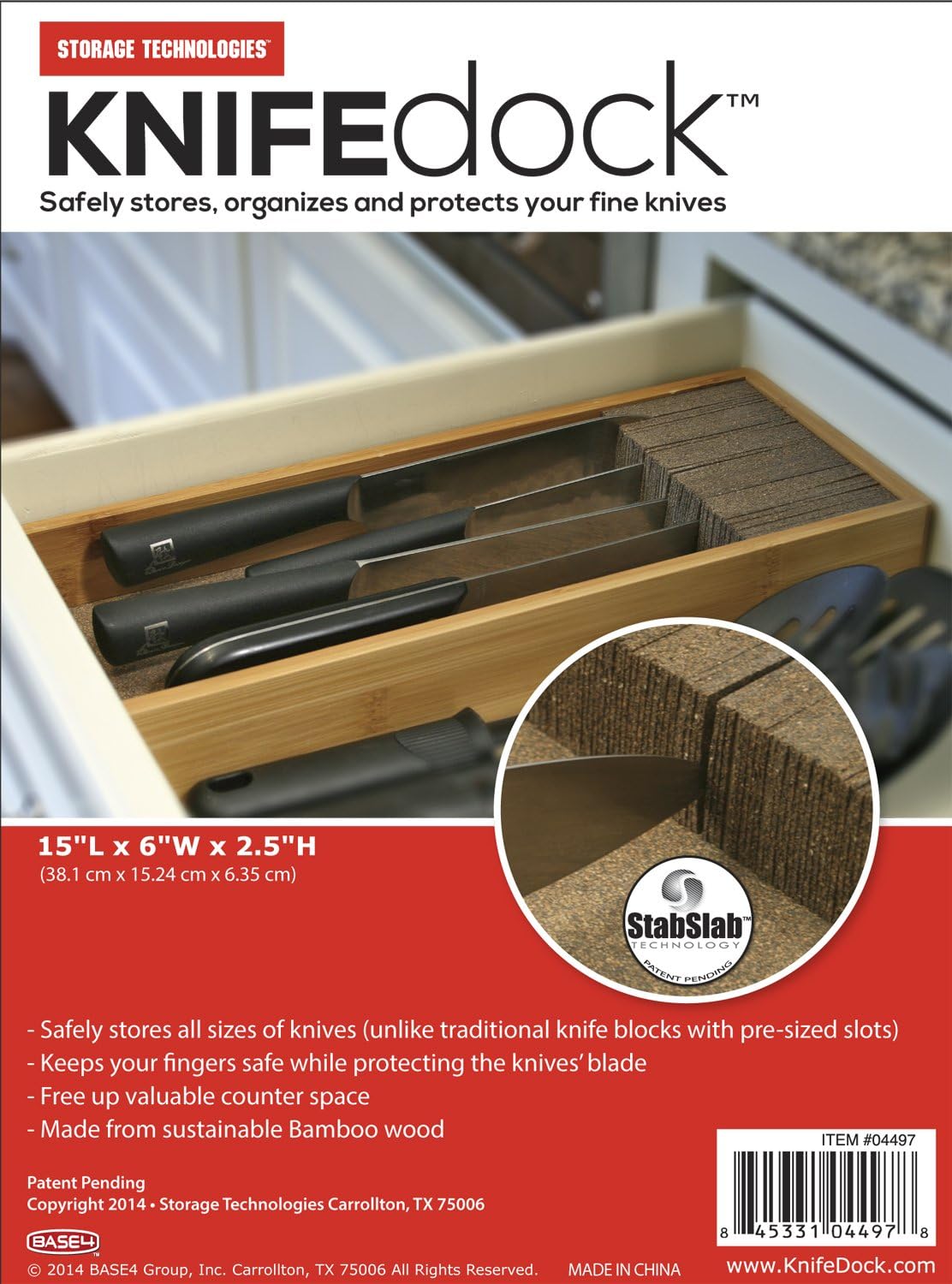 KNIFEdock Bamboo Knife Organizer for Kitchen Drawers – 15” In-Drawer Knife Block with Cork Composite – Space-Saving, Safe Storage for Your Knives
