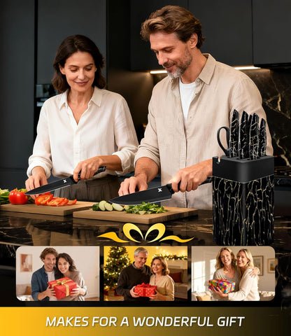 XANAPON Knife Set, 14 Pieces Kitchen Knife Set, High Carbon German Stainless Steel, Dishwasher Safe Cutlery with Sharpener, Black
