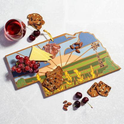 Totally Bamboo North Carolina State Shaped Cutting Board and Charcuterie Serving Platter with Artwork by Summer Stokes, Includes Hang Tie for Wall Display 18" x 8" x 5/8" - Colors B