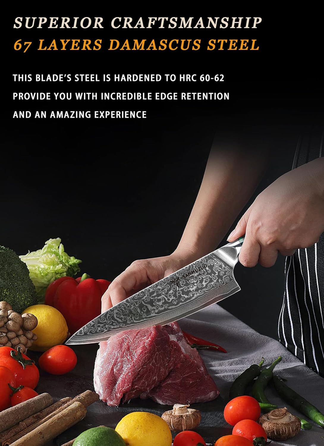 Chef Knife - 8 inch - Xuan Series - VG10 Damascus Steel Kitchen Knife - Resin Handle (Sapphire Blue)