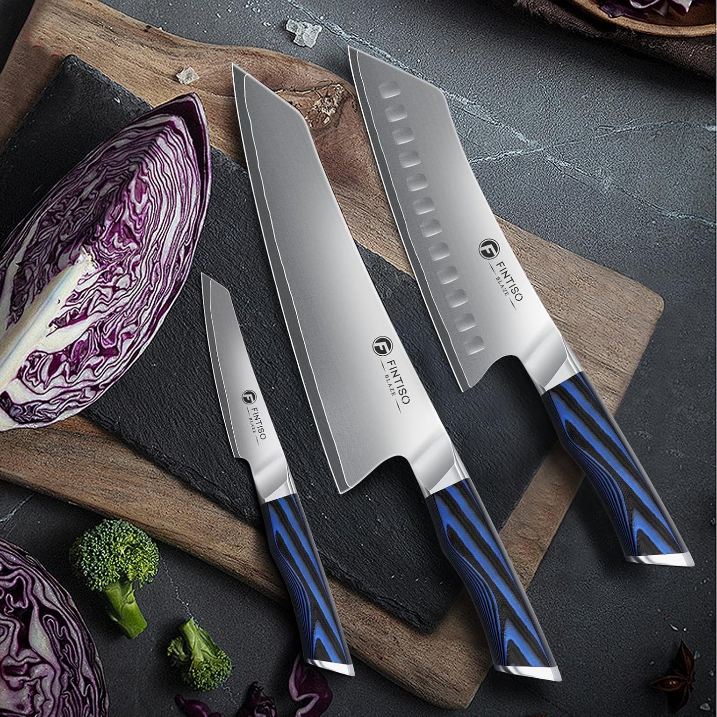 FINTISO 3PCS Kitchen Knife Set, Professional Chef Knives Set with G10 Handle, Premium 5-Layer 10Cr15CoMoV Japanese Steel Knives Set, Ultra Sharpe Knife for Meat and Vegetable