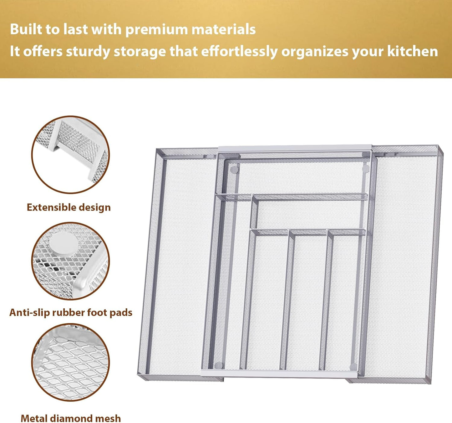 Sedegn Silverware Organizer Metal Mesh, Large Drawer Organizer, Utensil Cutlery Tray for kitchen drawers, Flatware Organizer with 6 Compartment, Black (11.3”*16“)