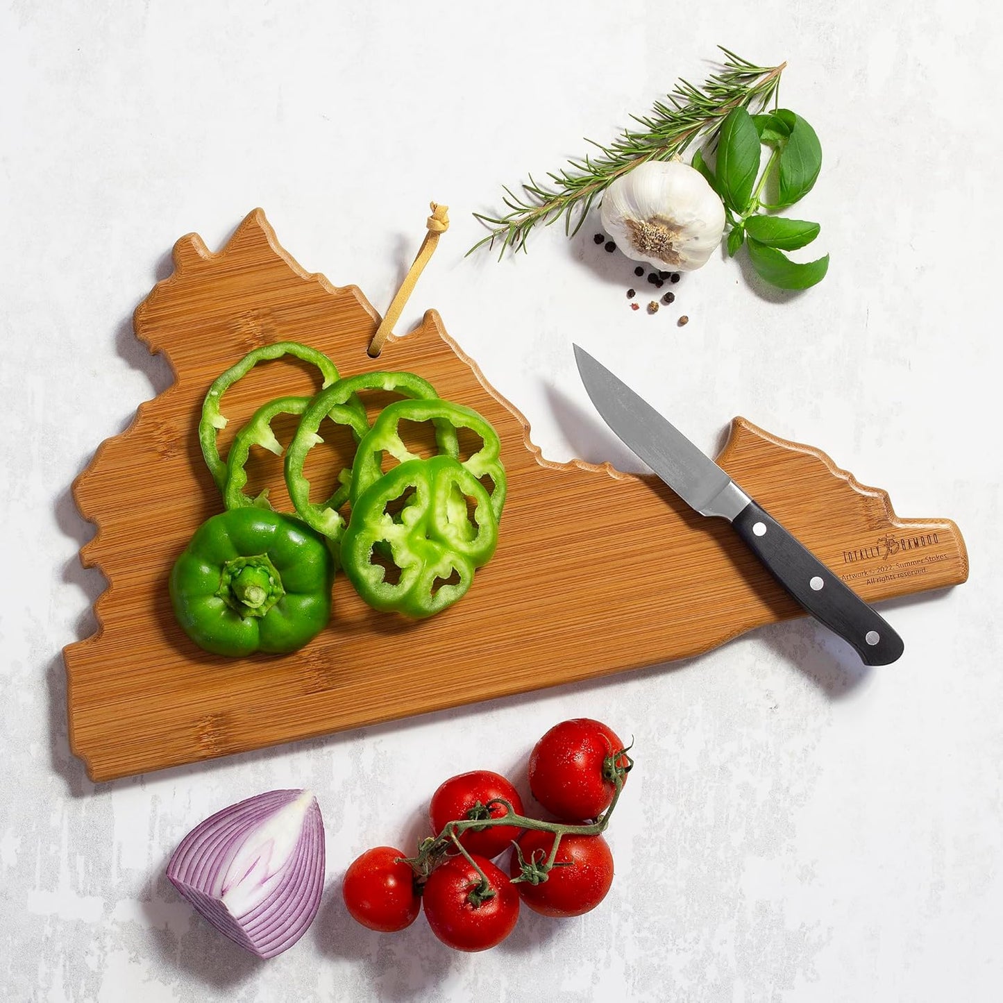 Totally Bamboo North Carolina State Shaped Cutting Board and Charcuterie Serving Platter with Artwork by Summer Stokes, Includes Hang Tie for Wall Display 18" x 8" x 5/8" - Colors A