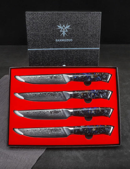 Steak Knives Set of 4, Ultra Sharp Non Serrated Kitchen Steak Knife 5 Inch - Damascus Steel & Resin Handle - Xuan Series (Sapphire Blue)