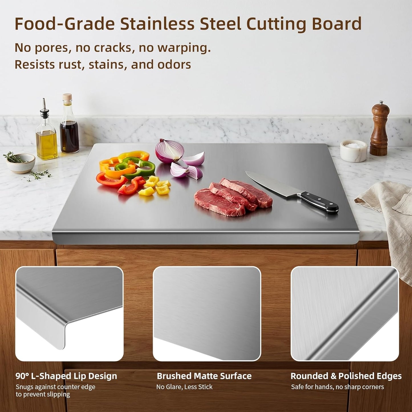 Stainless Steel Cutting Board with Lip, 16 x 12 Inches Kitchen Chopping Board for Countertop, Double-Sided Food-Grade Metal Cutting Board, L-Shaped Edge Chopping Mat for Kitchen Prep & Baking