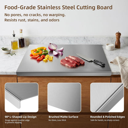 Stainless Steel Cutting Board with Lip, 16 x 12 Inches Kitchen Chopping Board for Countertop, Double-Sided Food-Grade Metal Cutting Board, L-Shaped Edge Chopping Mat for Kitchen Prep & Baking
