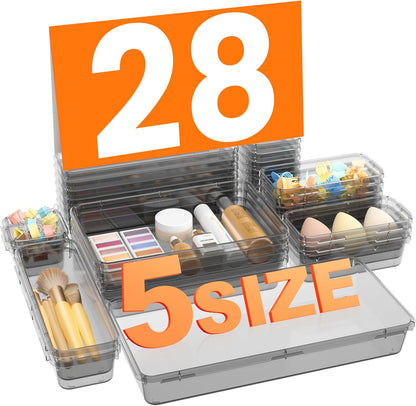 A-LuGei 【Military Grade Drawer Organizer, 【𝟱𝗦𝗶𝘇𝗲】 Makeup organizer, 【Holds 177 Items】 Bathroom Organizers and Storage, Organization and Storage, Desk Drawer Organizer for Vanity (Clear Black)