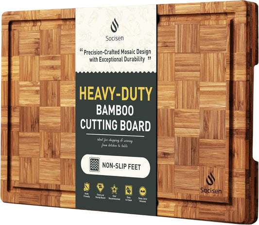 3 Pack Heavy Duty Bamboo Cutting Board Set Non Toxic Wooden Cutting Board for Kitchen Non Slip Solid End Grain Thick Wood Juice Groove Chopping Board Extra Large Butcher Block Best House Warming Gift
