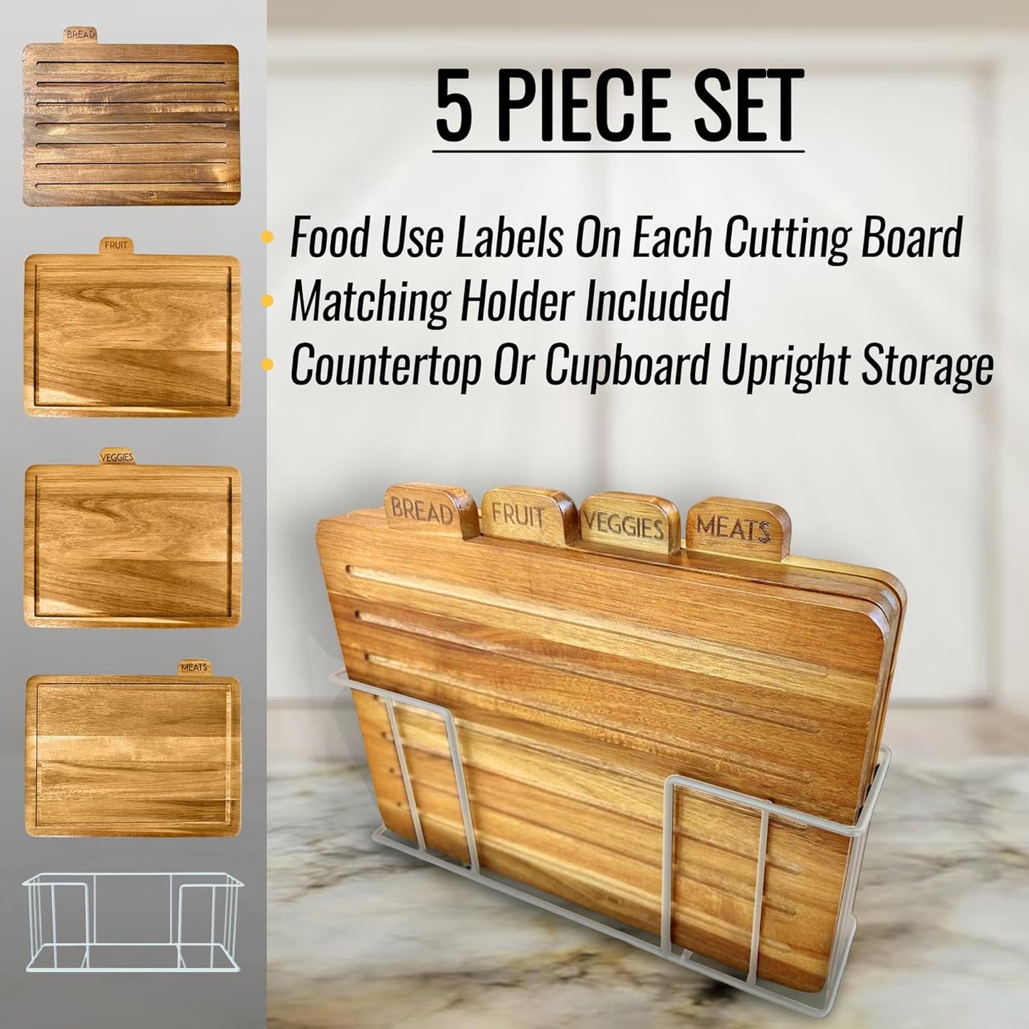 Acacia Cutting Boards for Kitchen with Holder 13" x 11" x 2.5" | Labeled Wood Cutting Board Sets | Large Wooden Cutting Board Set of 4 with Black Organized Stand | Non Toxic Chopping Board