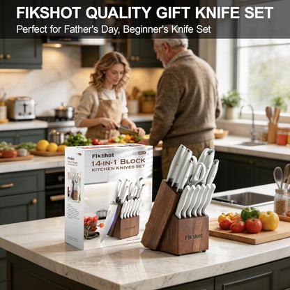 Fikshot Knife Set – German Stainless Steel, Ultra-Sharp, 14-Piece with Knife Block & Sharpener, Full Tang Black Handle, Rust-Resistant, Dishwasher-Safe for Kitchens, Gift for Chefs